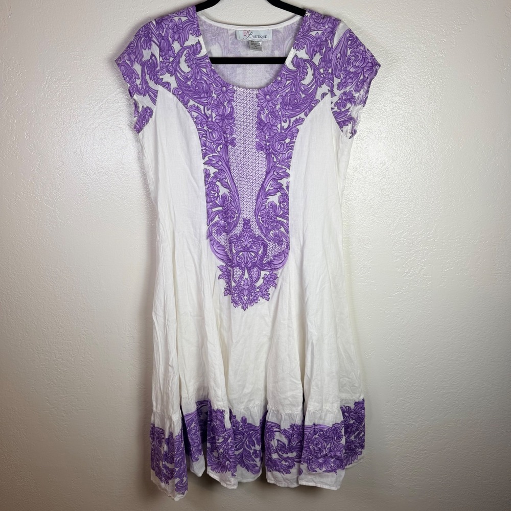 EY Boutique Women M Purple Damask Floral 100% Cotton Dress Boho Vaca Resort